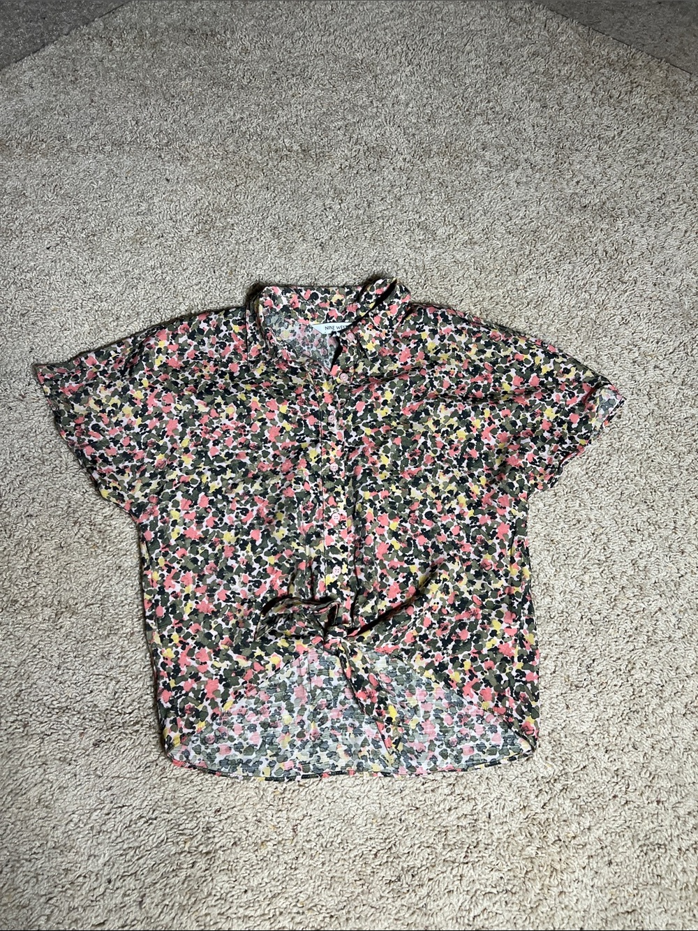 Nine West Floral Short-Sleeve Button-Down — Pink, Black & Yellow